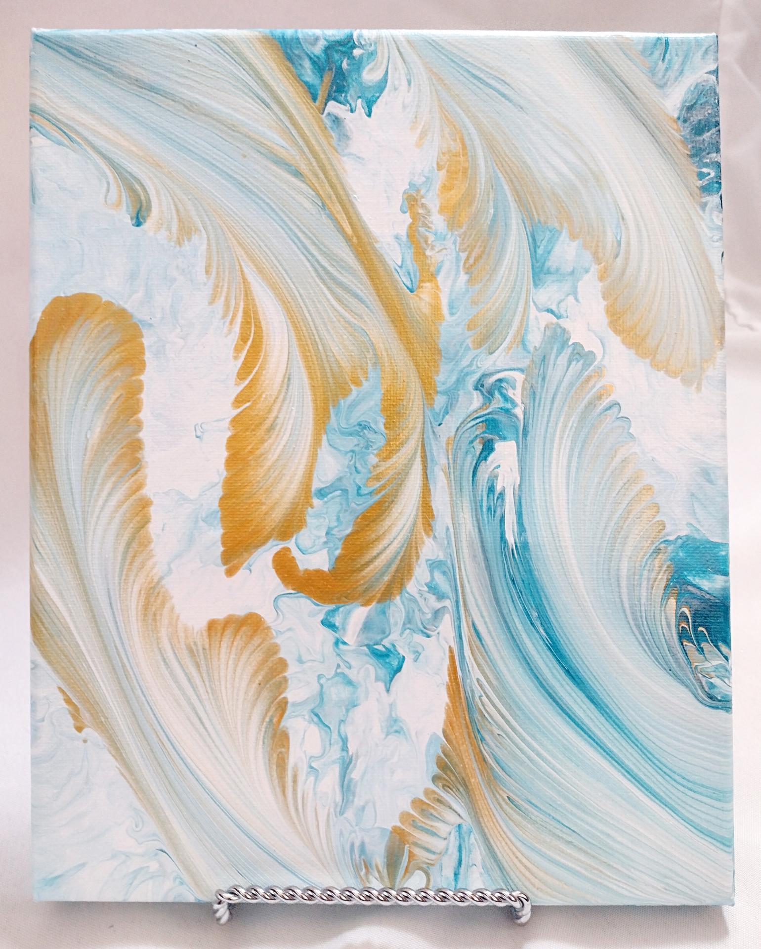 Blue and Gold Feathers Abstract Original Acrylic Pour Painting, 8 x 10,  Fluid Art Painting
