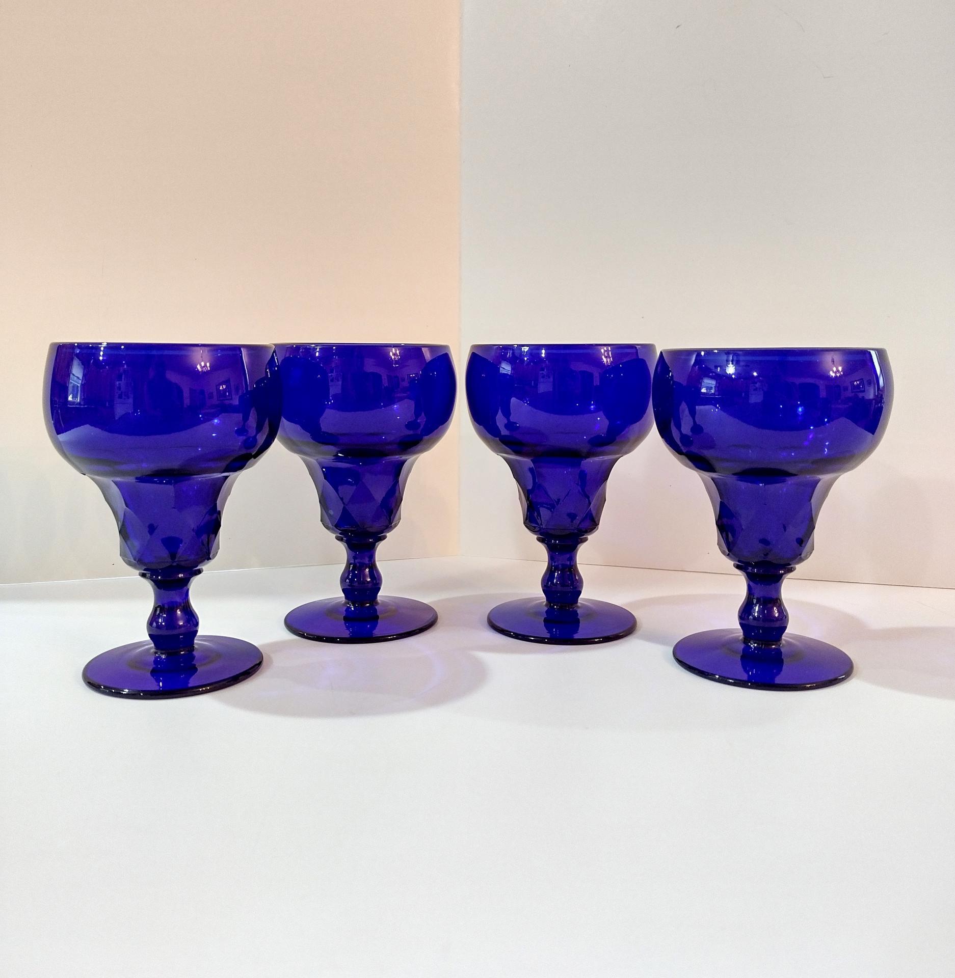 Vintage Fenton Georgian Cobalt Blue Water Wine Goblets, Set of Four