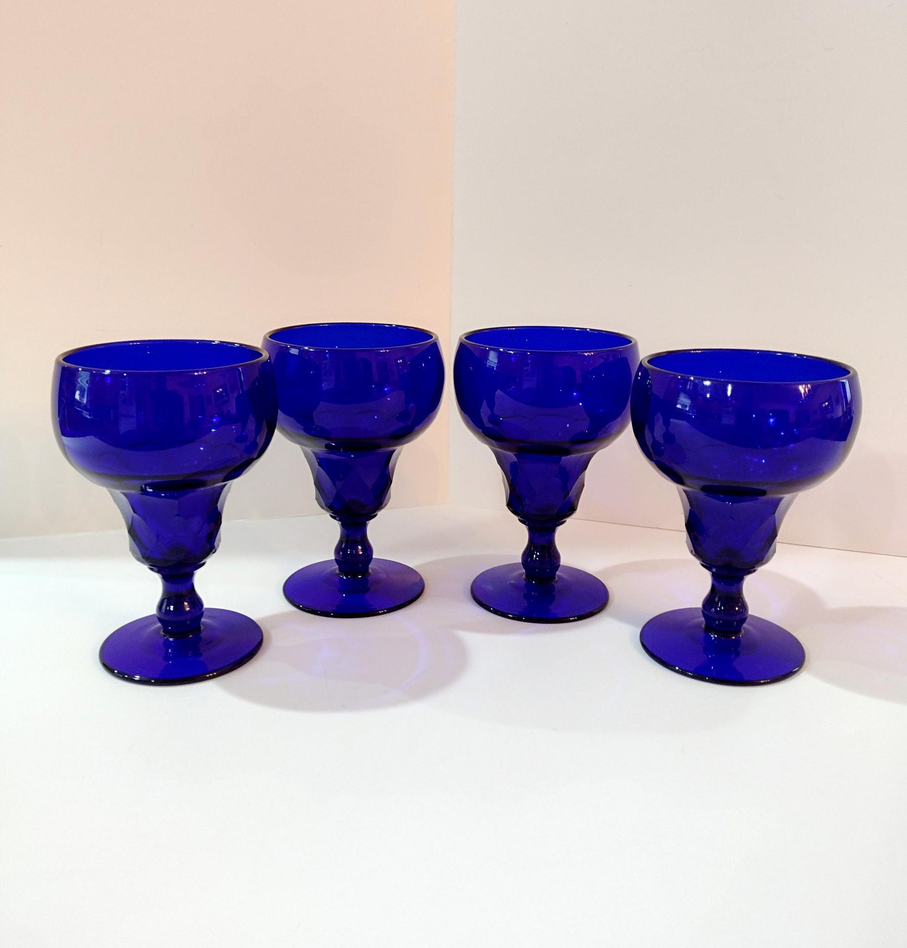 Vintage Fenton Georgian Cobalt Blue Water Wine Goblets, Set of Four