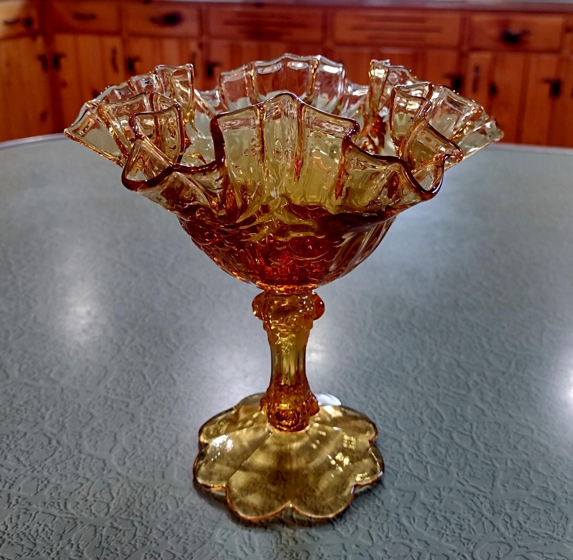 Vintage Fenton Amber Cabbage Rose Ruffled Glass Compote