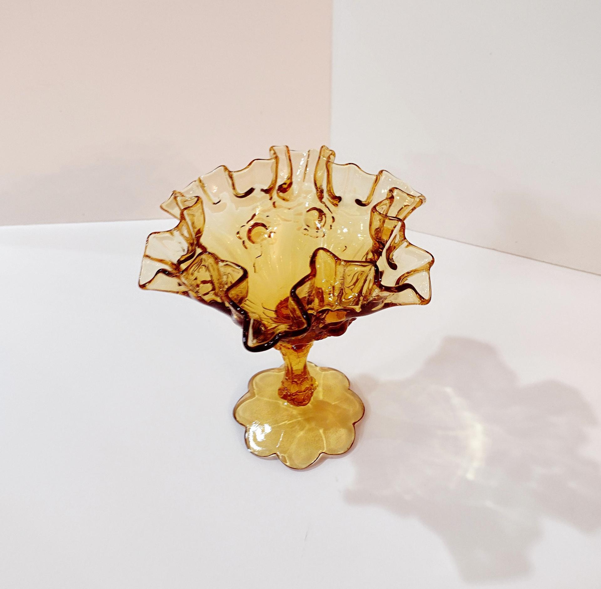 Vintage Fenton Amber Cabbage Rose Ruffled Glass Compote