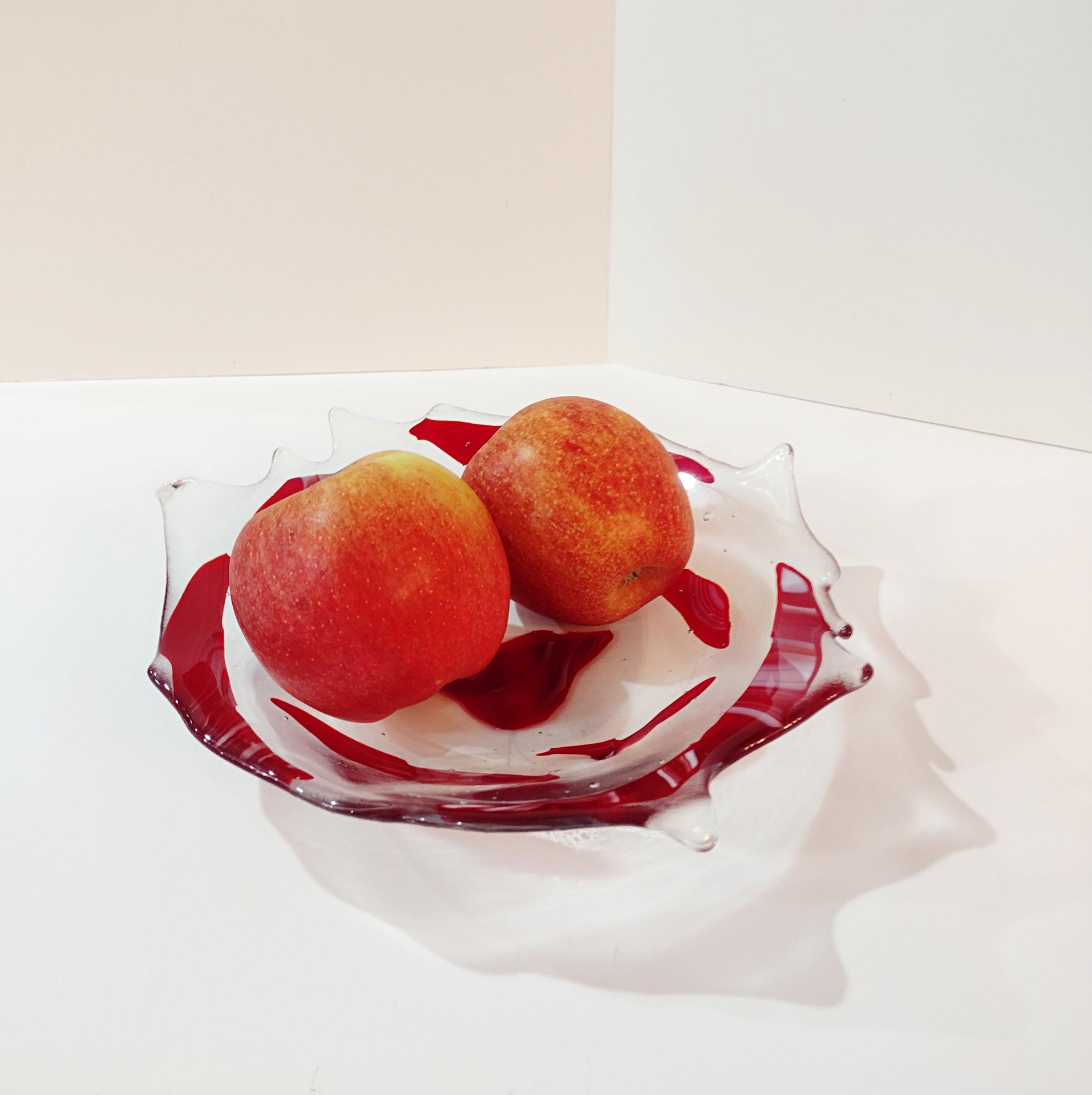 Fused Glass Fruit Bowl, Funky Red and Clear Glass Bowl