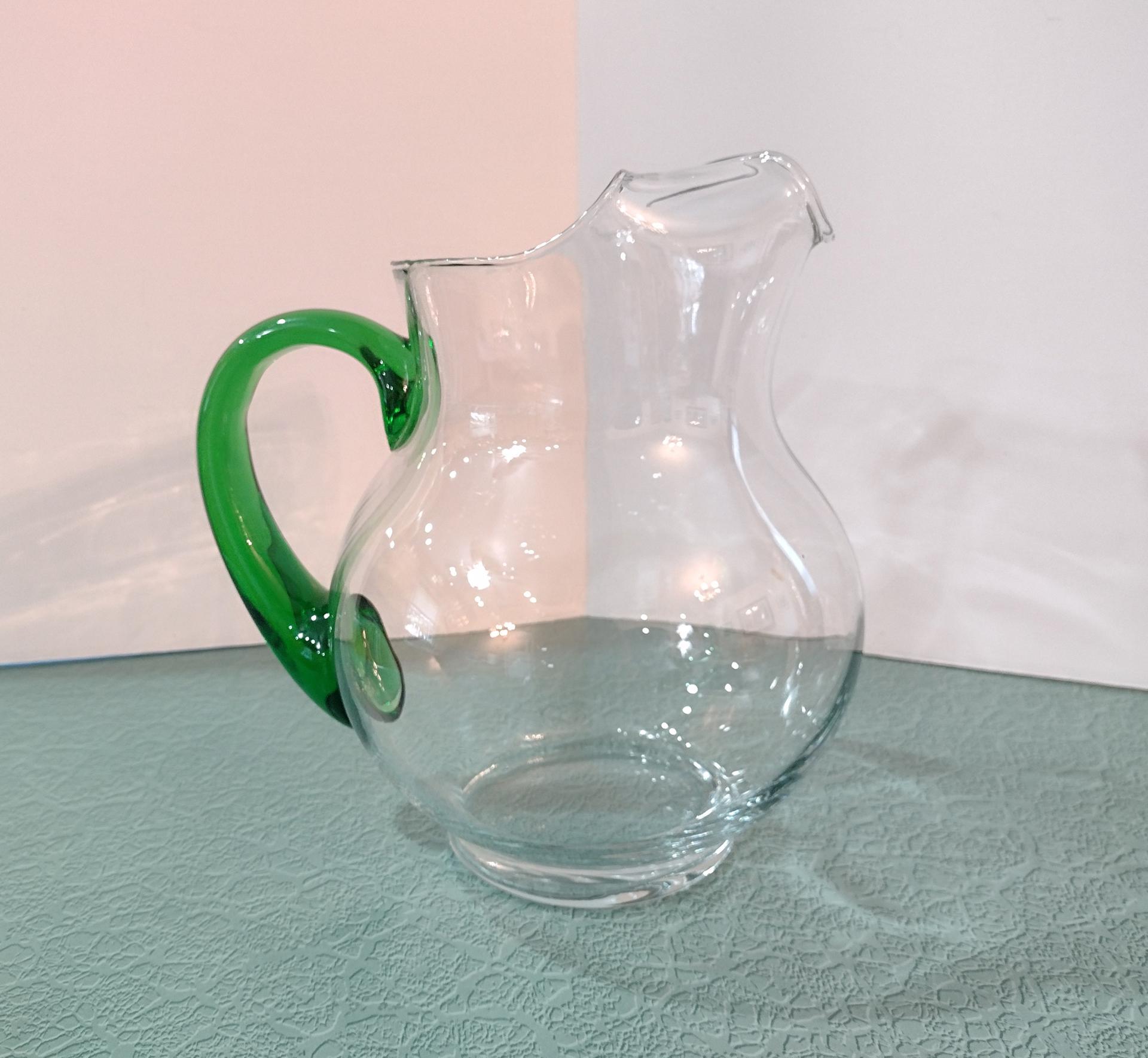 Vintage Libbey Acapulco Clear Glass Pitcher with Green Handle and Ice Guard Spout