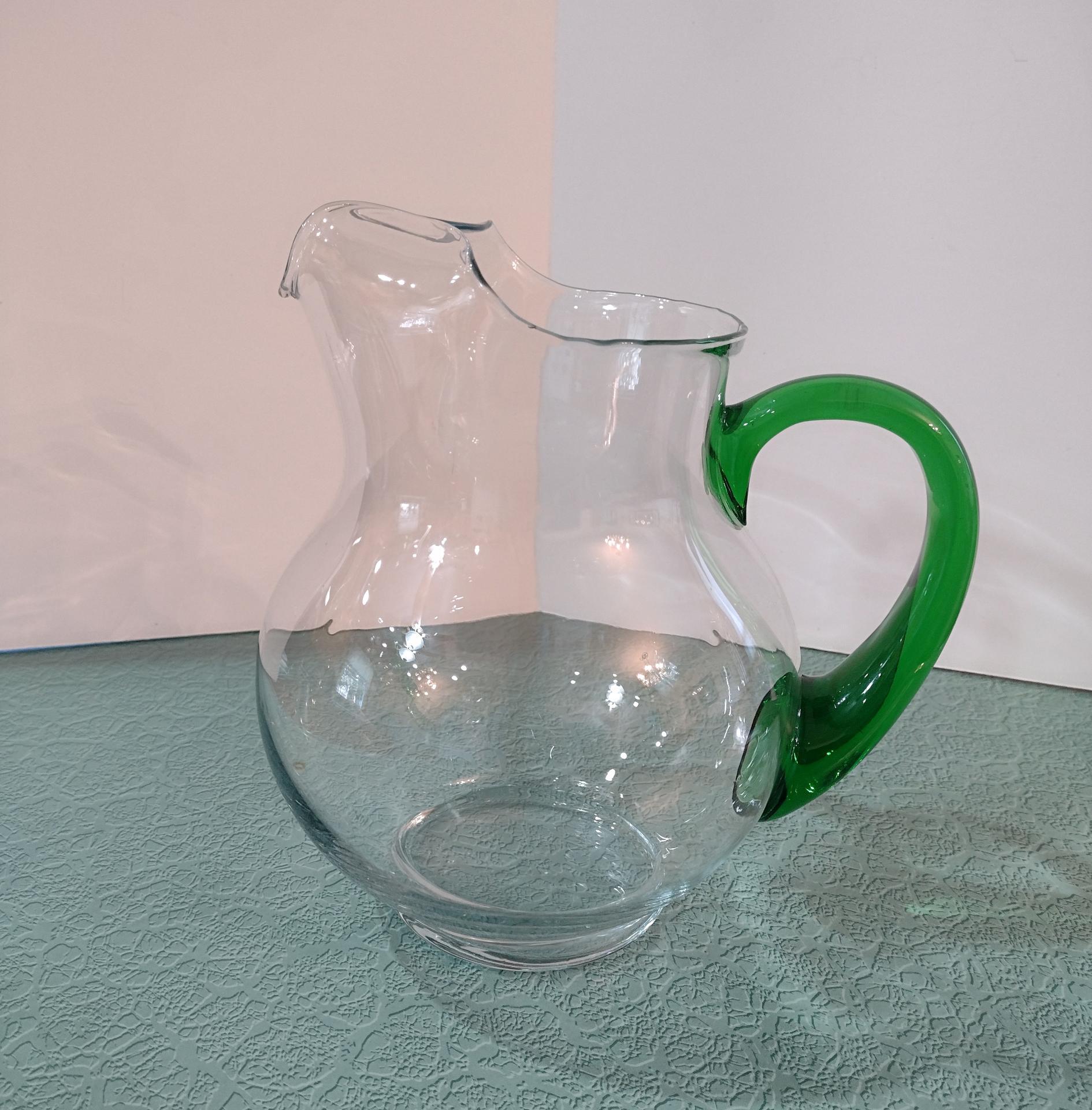 Vintage Libbey Acapulco Clear Glass Pitcher with Green Handle and Ice Guard Spout