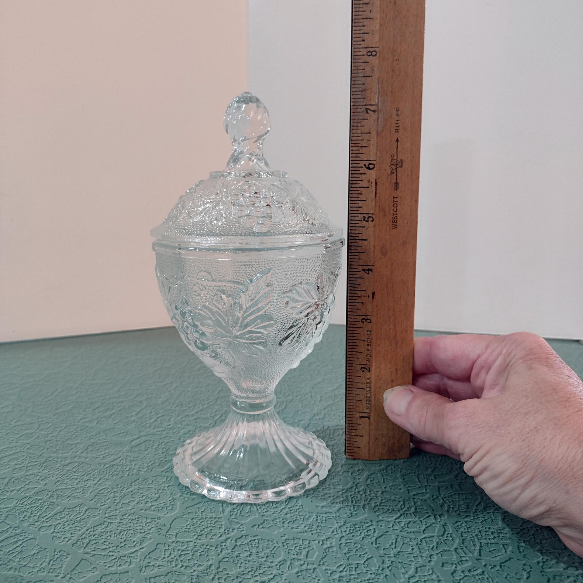 Vintage Anchor Hocking Lidded Jar, Clear Glass Stippled Grape Leaf Cluster Pattern Candy Jar, Footed Pedestal Condiment Bowl