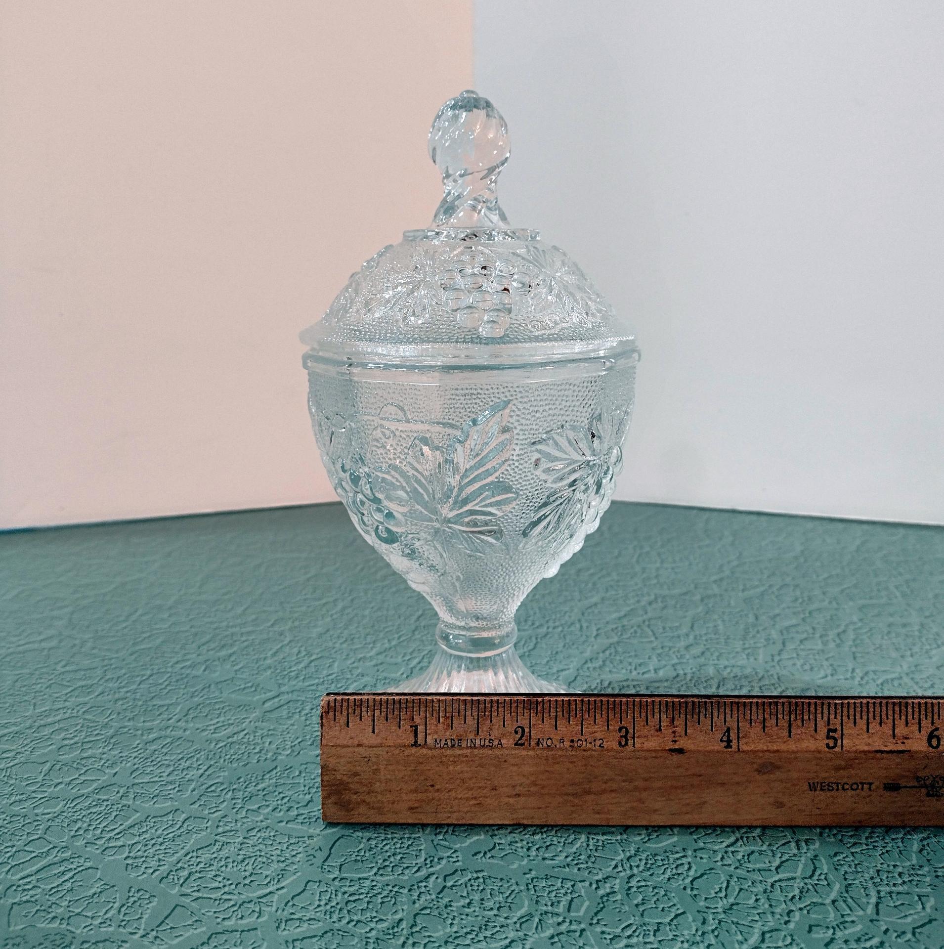 Vintage Anchor Hocking Lidded Jar, Clear Glass Stippled Grape Leaf Cluster Pattern Candy Jar, Footed Pedestal Condiment Bowl