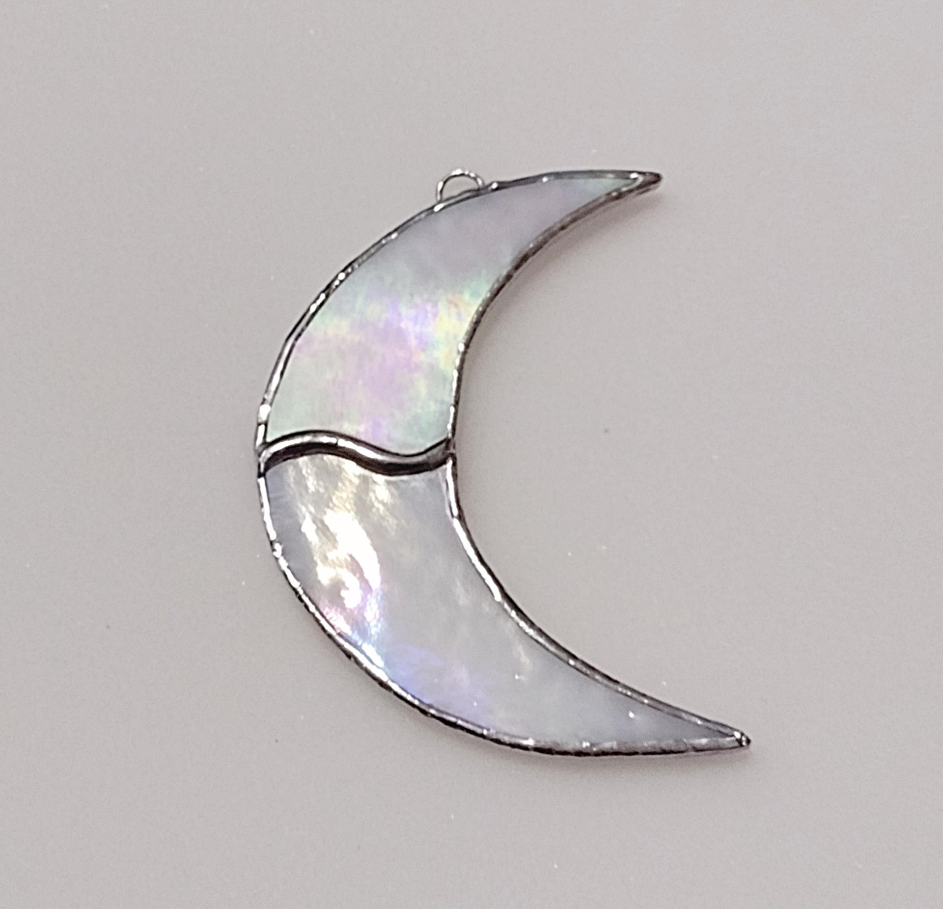 Stained Glass Crescent Moon Suncatcher, Rainbow Iridescent White Art Glass