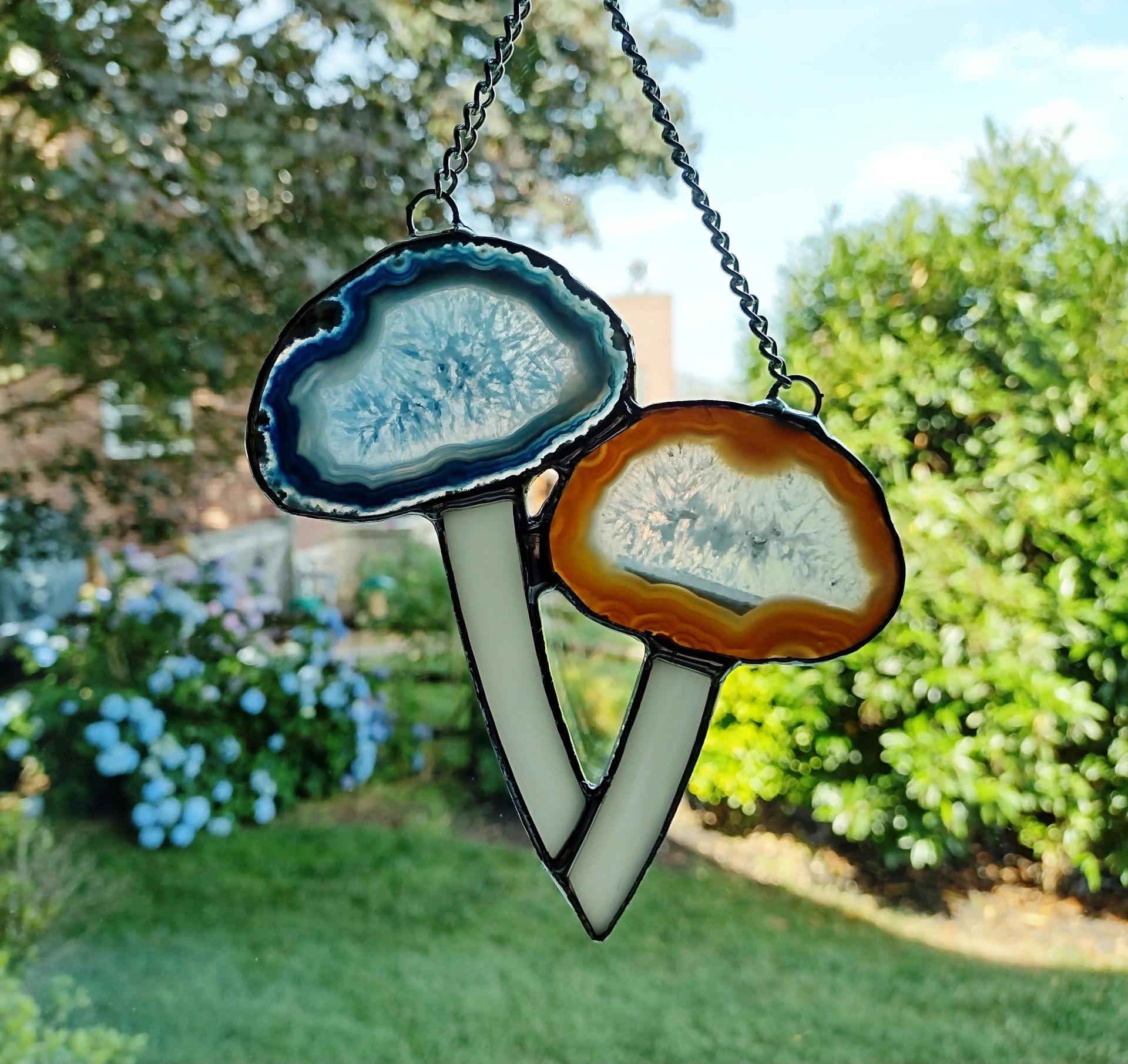 Mushrooms Agate Geode and Stained Glass Suncatcher, Blue and Brown Mushroom Cluster