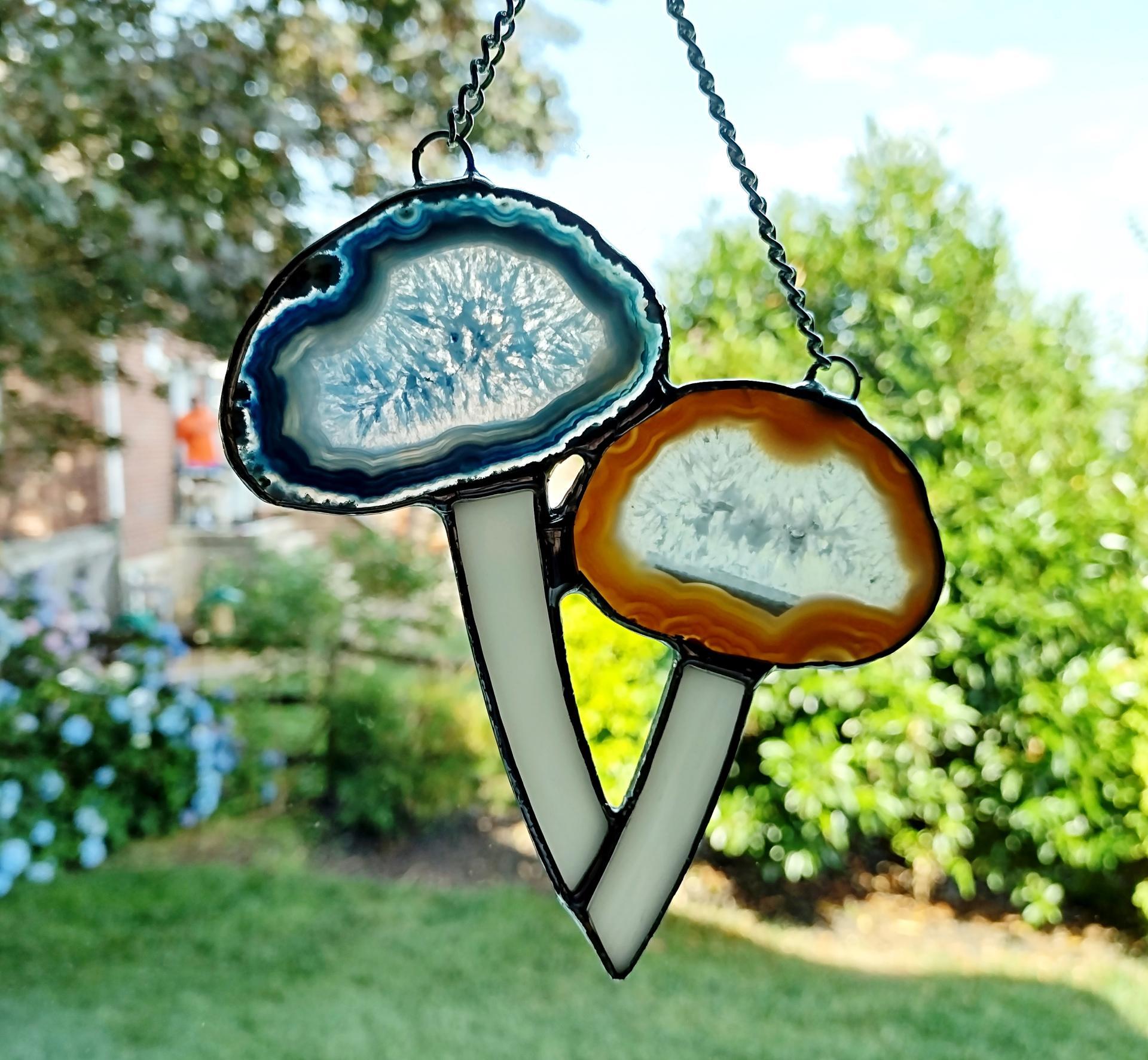 Mushrooms Agate Geode and Stained Glass Suncatcher, Blue and Brown Mushroom Cluster