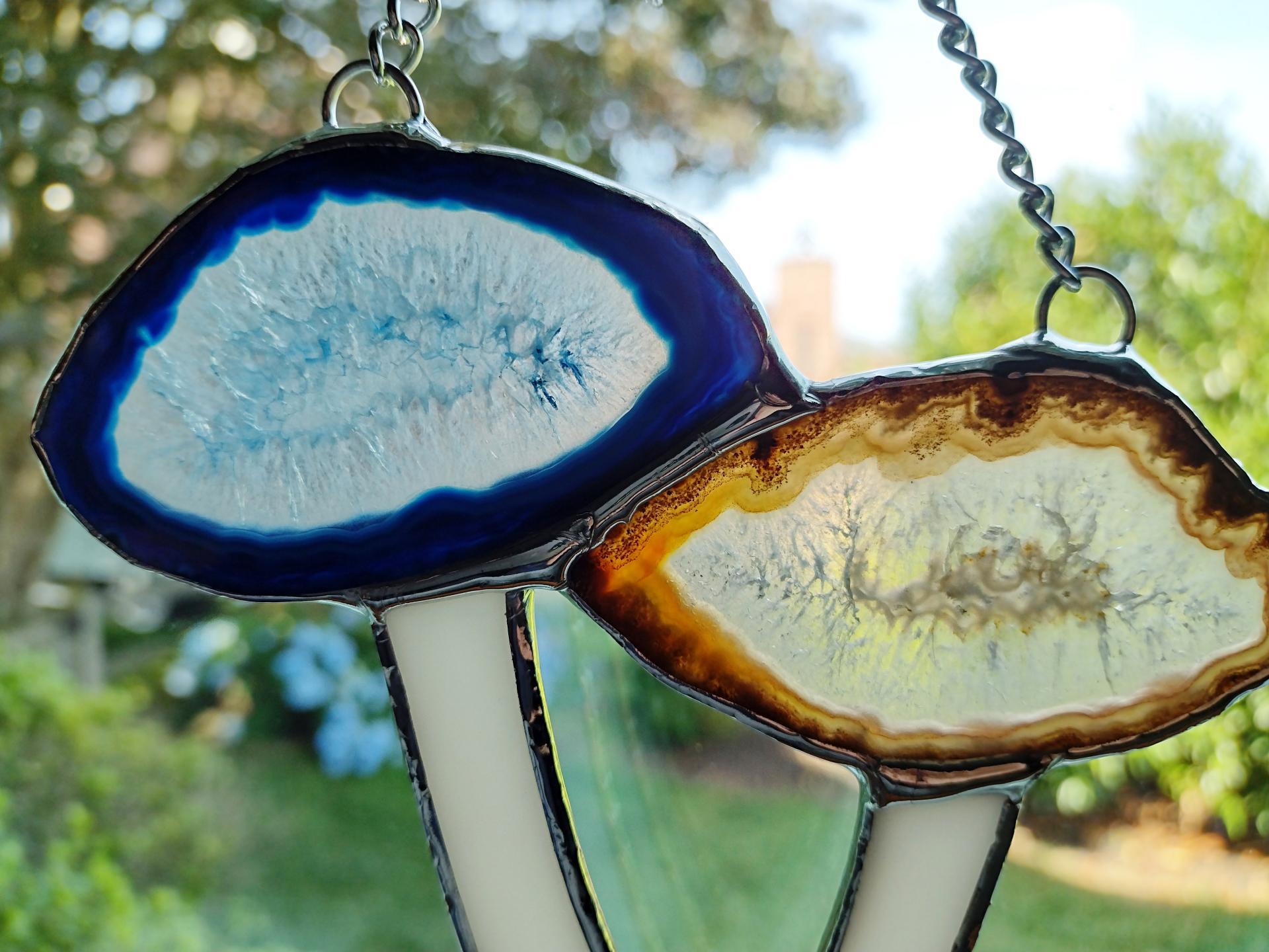 Mushrooms Agate Geode and Stained Glass Suncatcher, Blue and Brown Mushroom Cluster