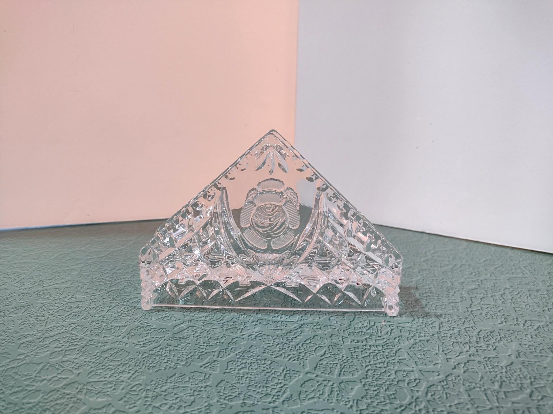 Vintage Crystal Glass Napkin Holder with Rose Design, Clear Glass Mail / Desk Organizer