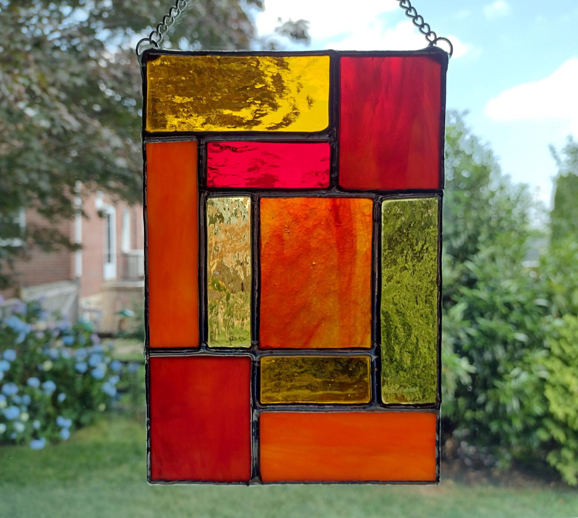 Orange, Red, and Amber Yellow Geometric Stained Glass Panel Suncatcher