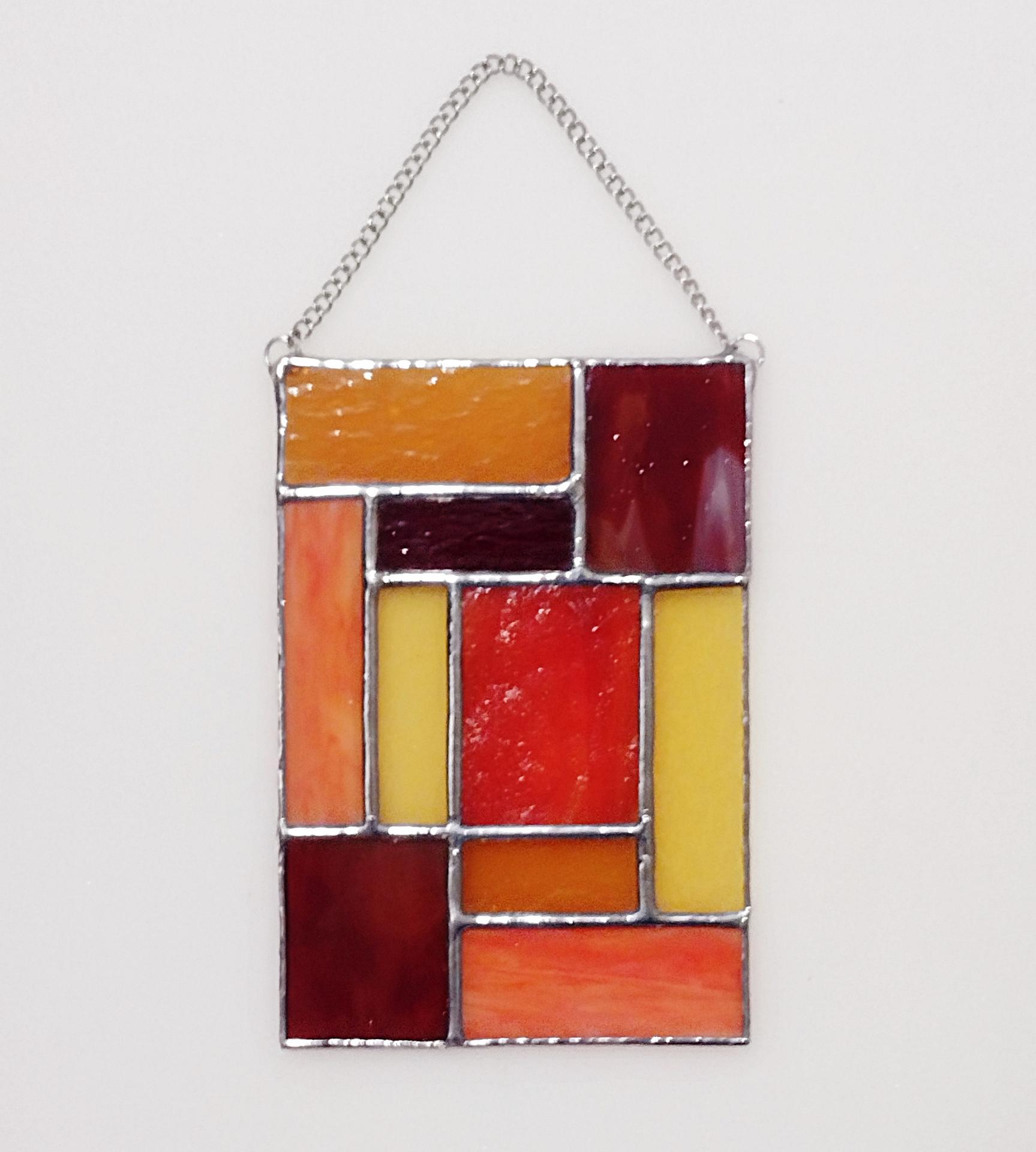 Orange, Red, and Amber Yellow Geometric Stained Glass Panel Suncatcher