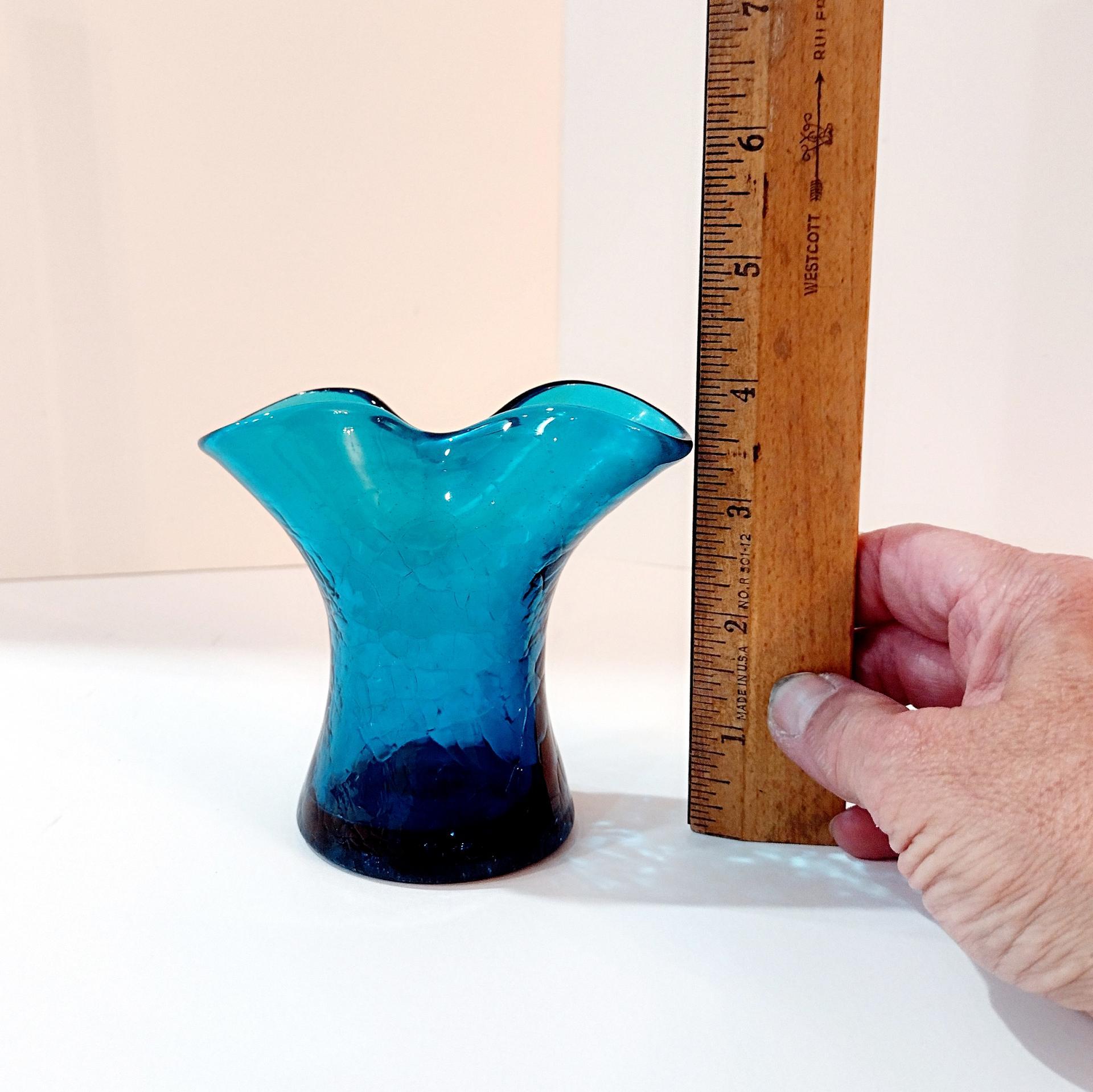 Vintage Blenko Blue Crackle Glass Pinched Vase, Teal Aqua Blue Small Glass Vase