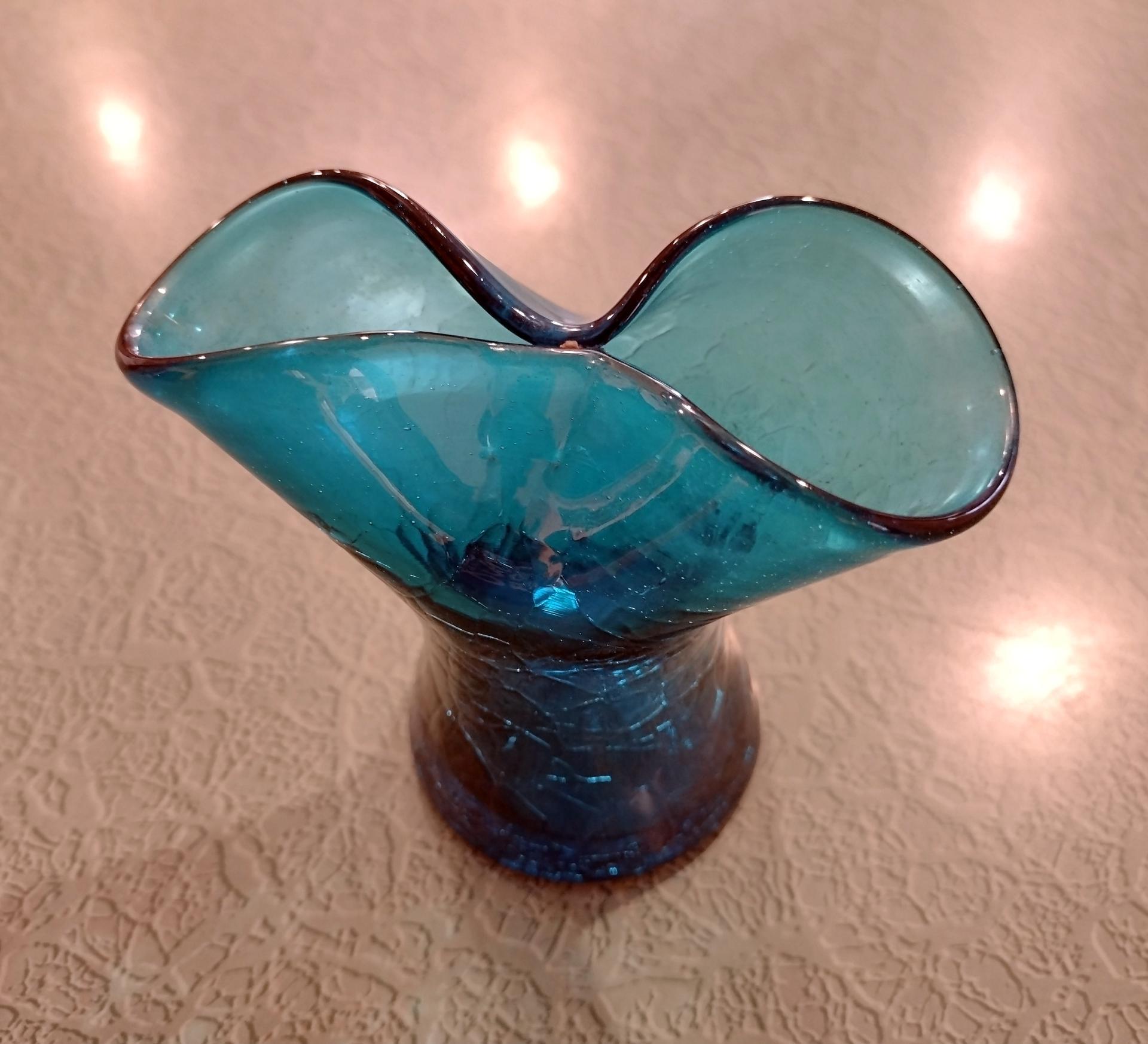 Vintage Blenko Blue Crackle Glass Pinched Vase, Teal Aqua Blue Small Glass Vase