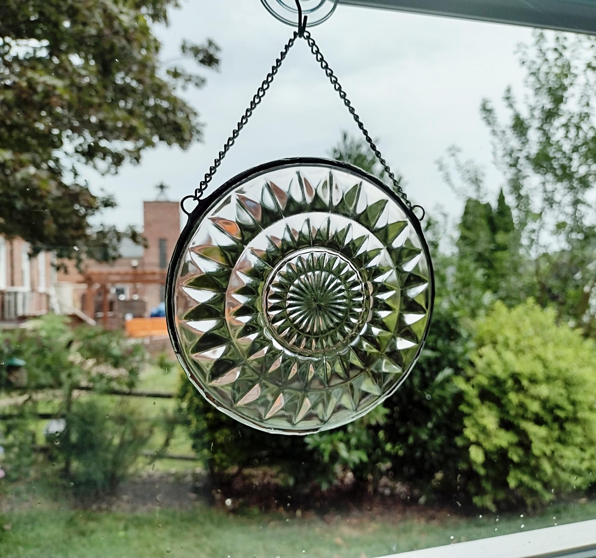 Vintage Pink Depression Glass Plate Window Hanging, Upcycled Art