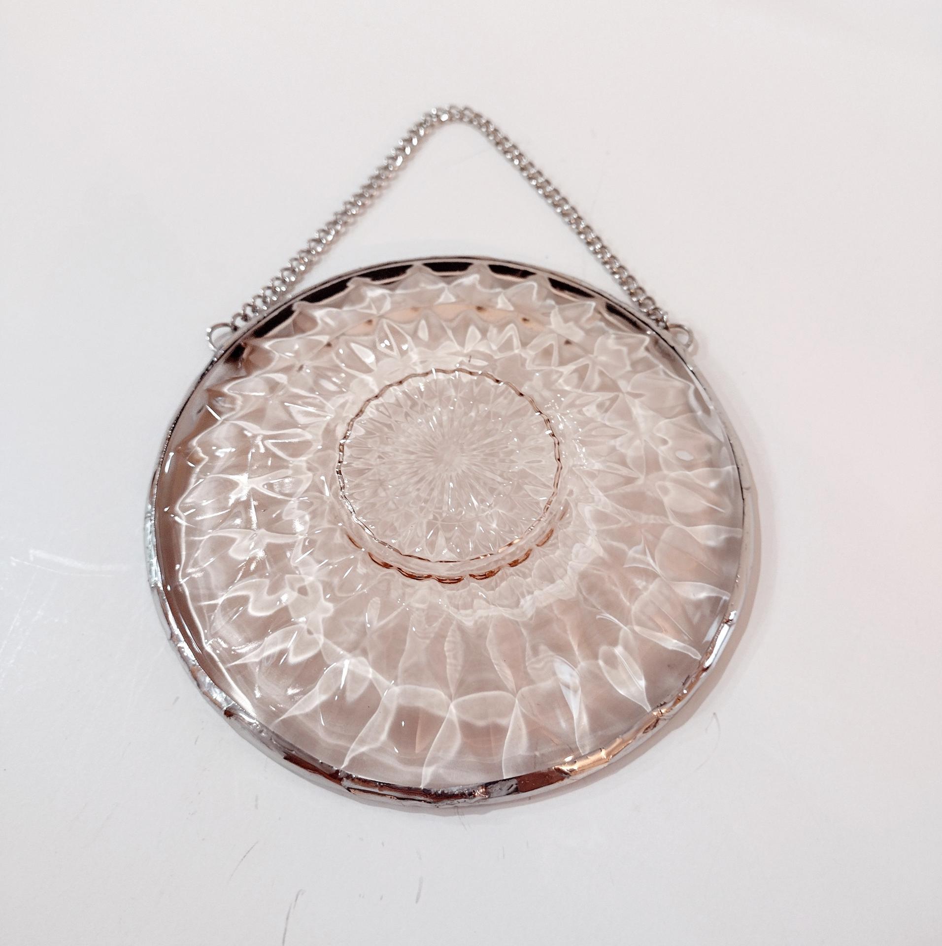 Vintage Pink Depression Glass Plate Window Hanging, Upcycled Art