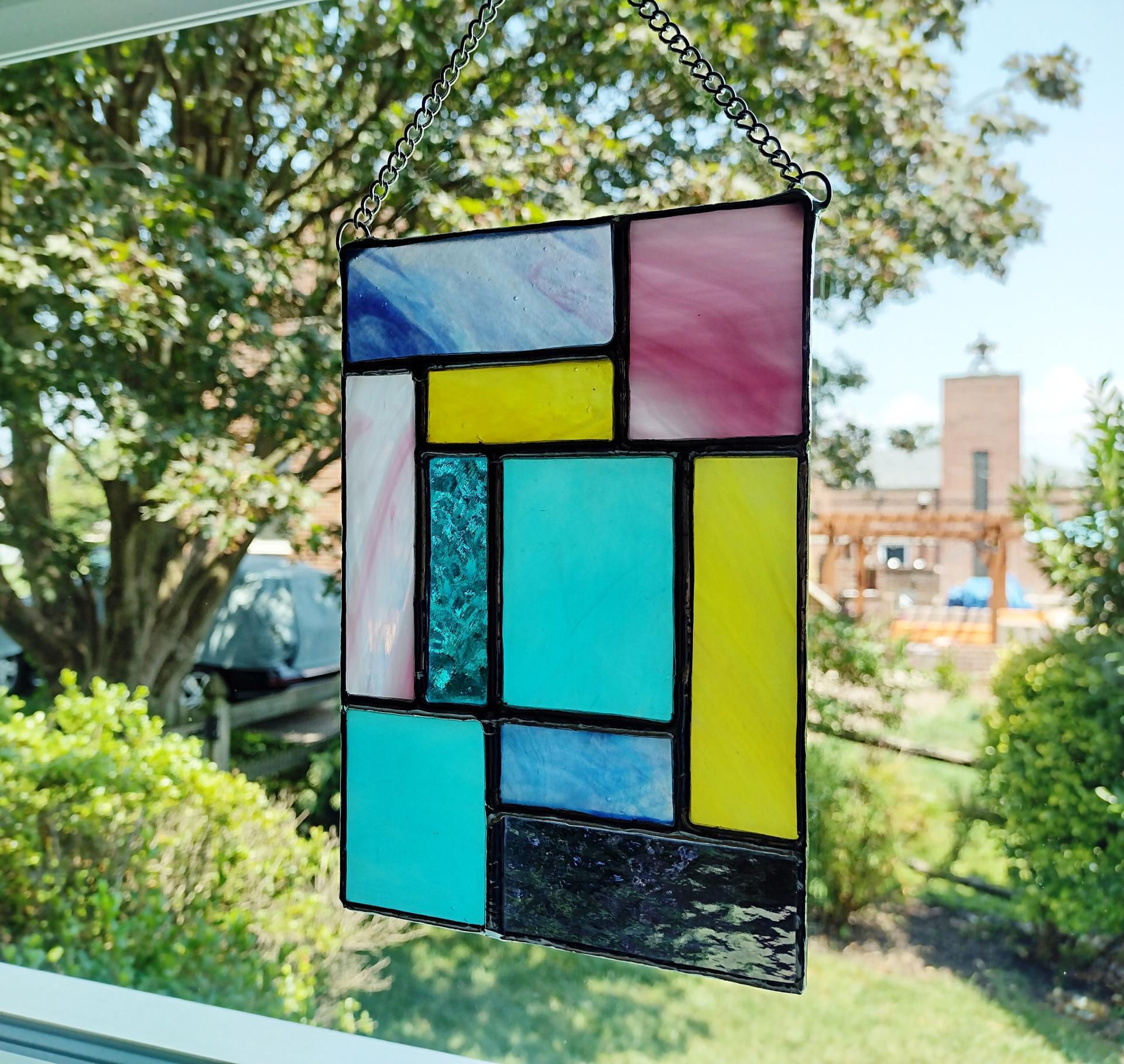 Purple, Pink, Blue, and Yellow Geometric Stained Glass Panel Suncatcher, Mondrian Stained Glass Art