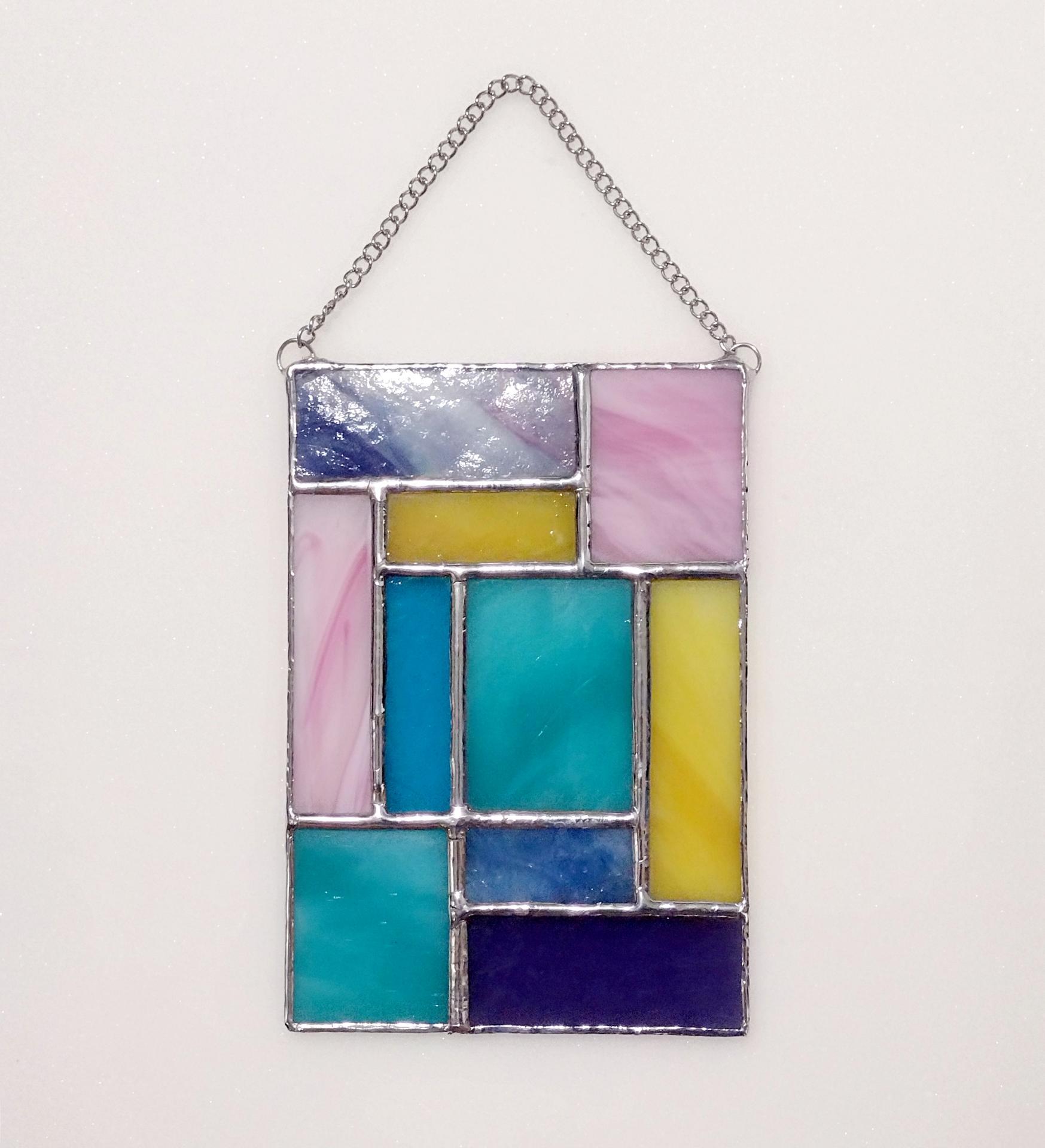 Purple, Pink, Blue, and Yellow Geometric Stained Glass Panel Suncatcher, Mondrian Stained Glass Art