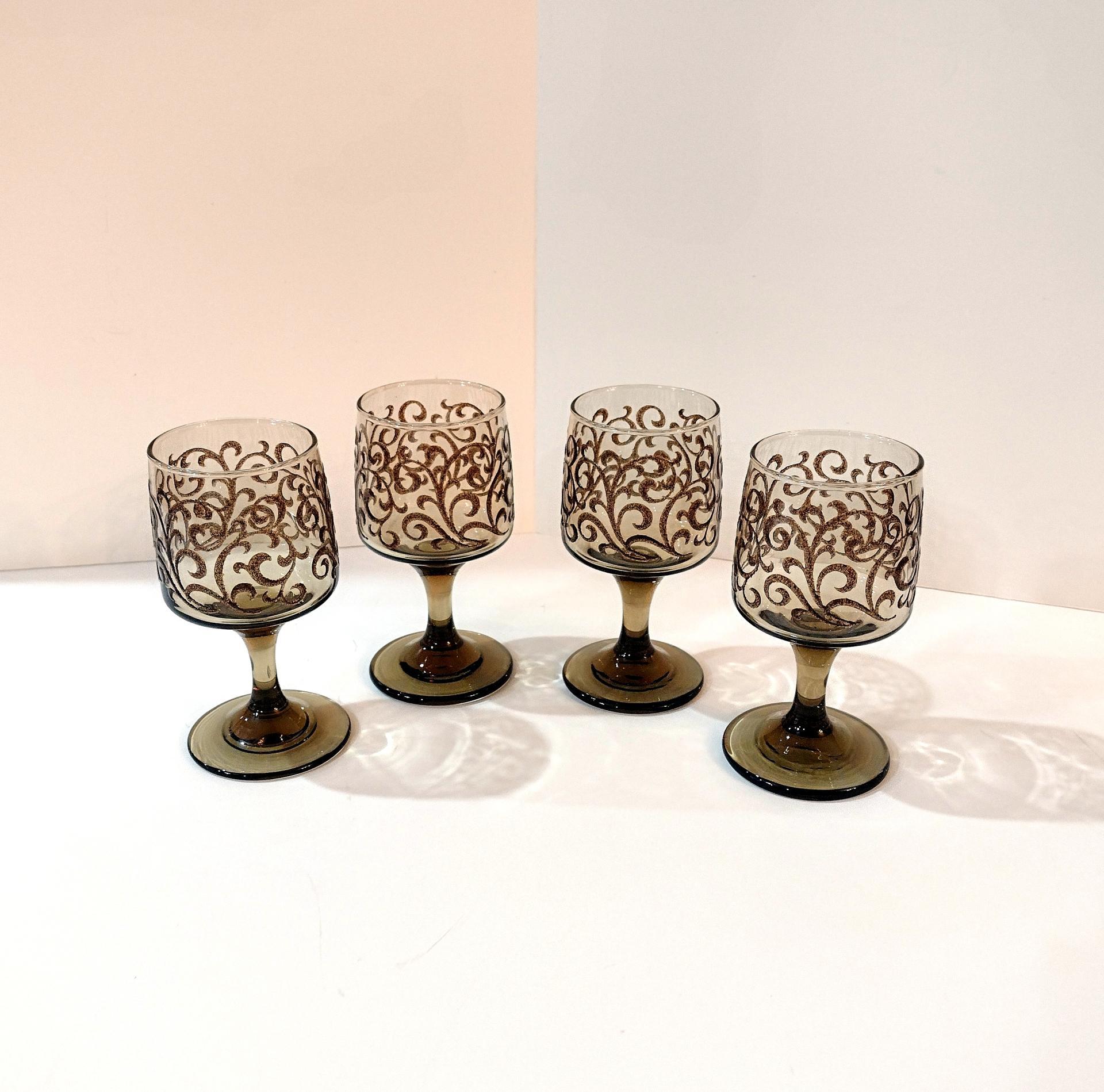 Vintage Libbey Prado Tawny Brown Scroll Wine Glasses, Set of Four