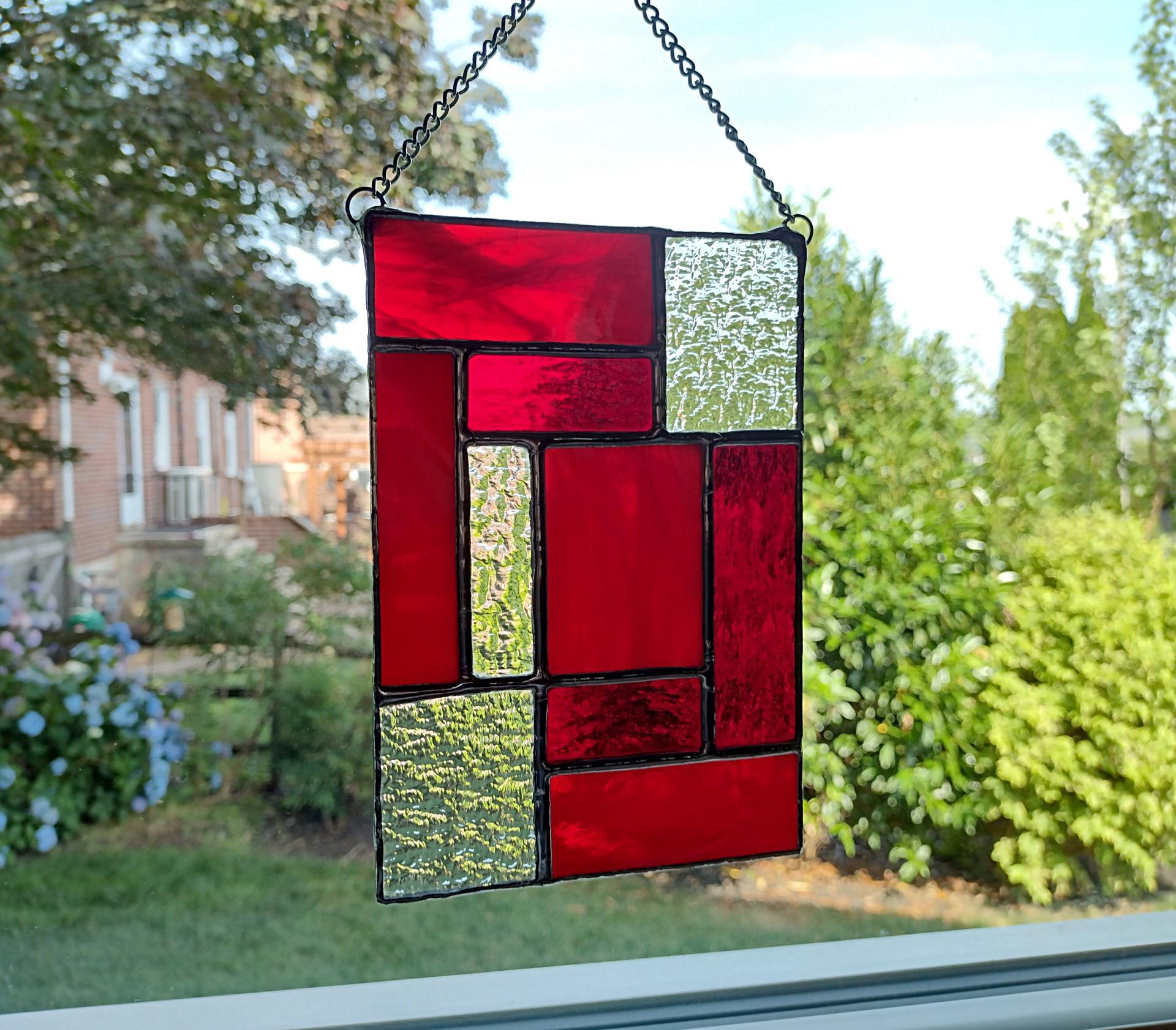 Red Geometric Stained Glass Panel Suncatcher, Mondrian Stained Glass Art