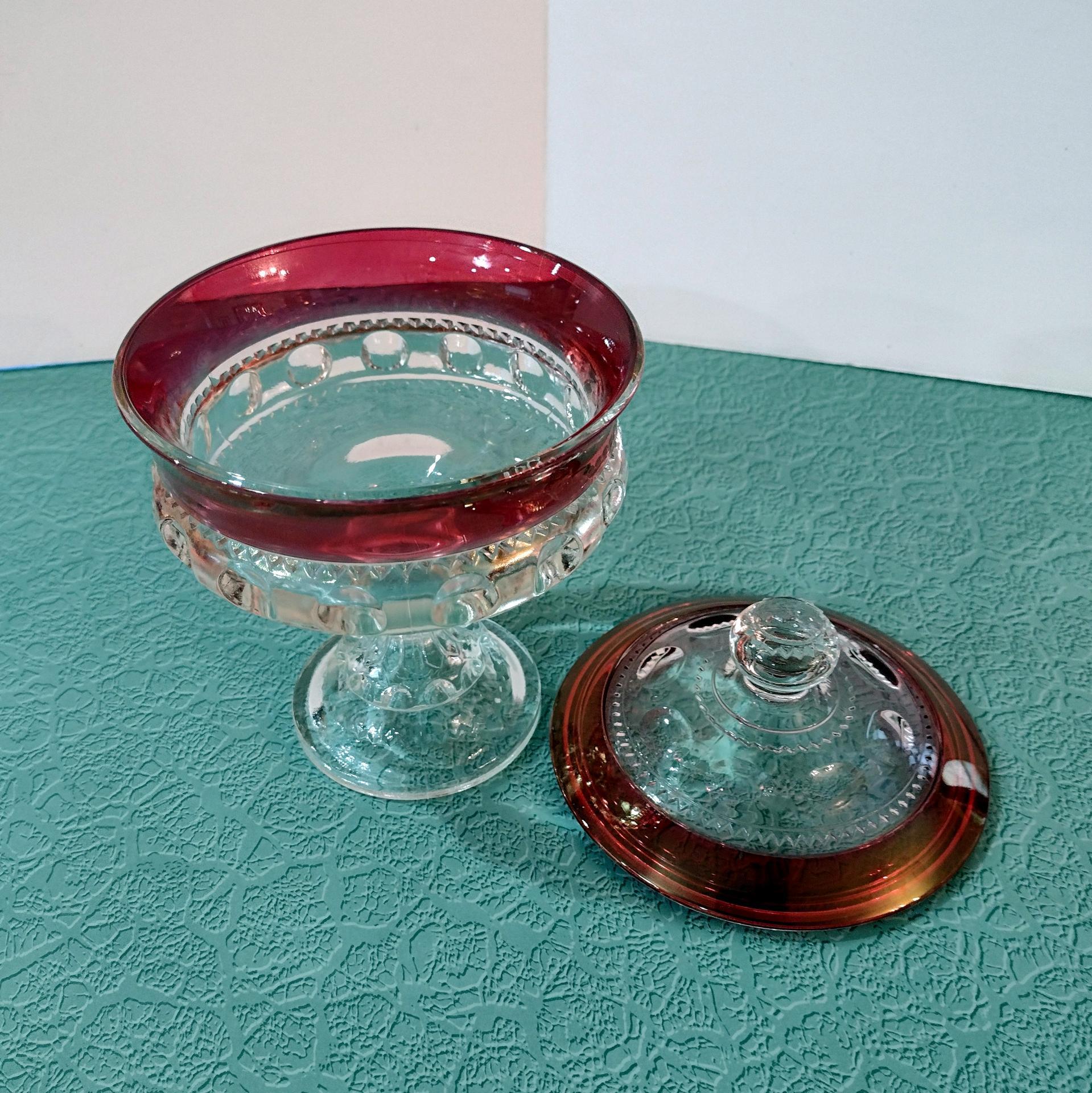 Vintage Tiffin Ruby Red King's Crown Thumbprint Compote with Lid, Ruby Red Flash Glass Candy Dish Bowl