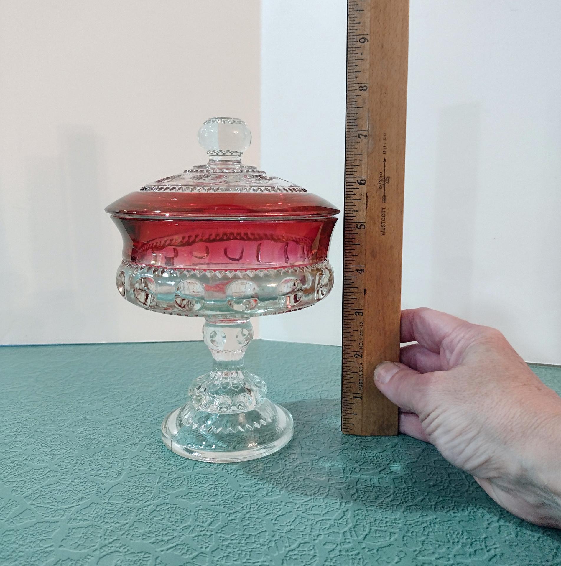 Vintage Tiffin Ruby Red King's Crown Thumbprint Compote with Lid, Ruby Red Flash Glass Candy Dish Bowl