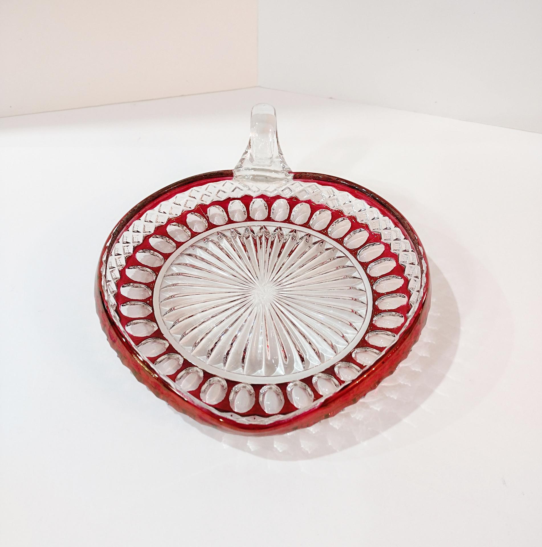 Vintage Westmoreland Waterford Ruby Red Flash Glass Thumbprint Candy Nut Serving Dish with Handle