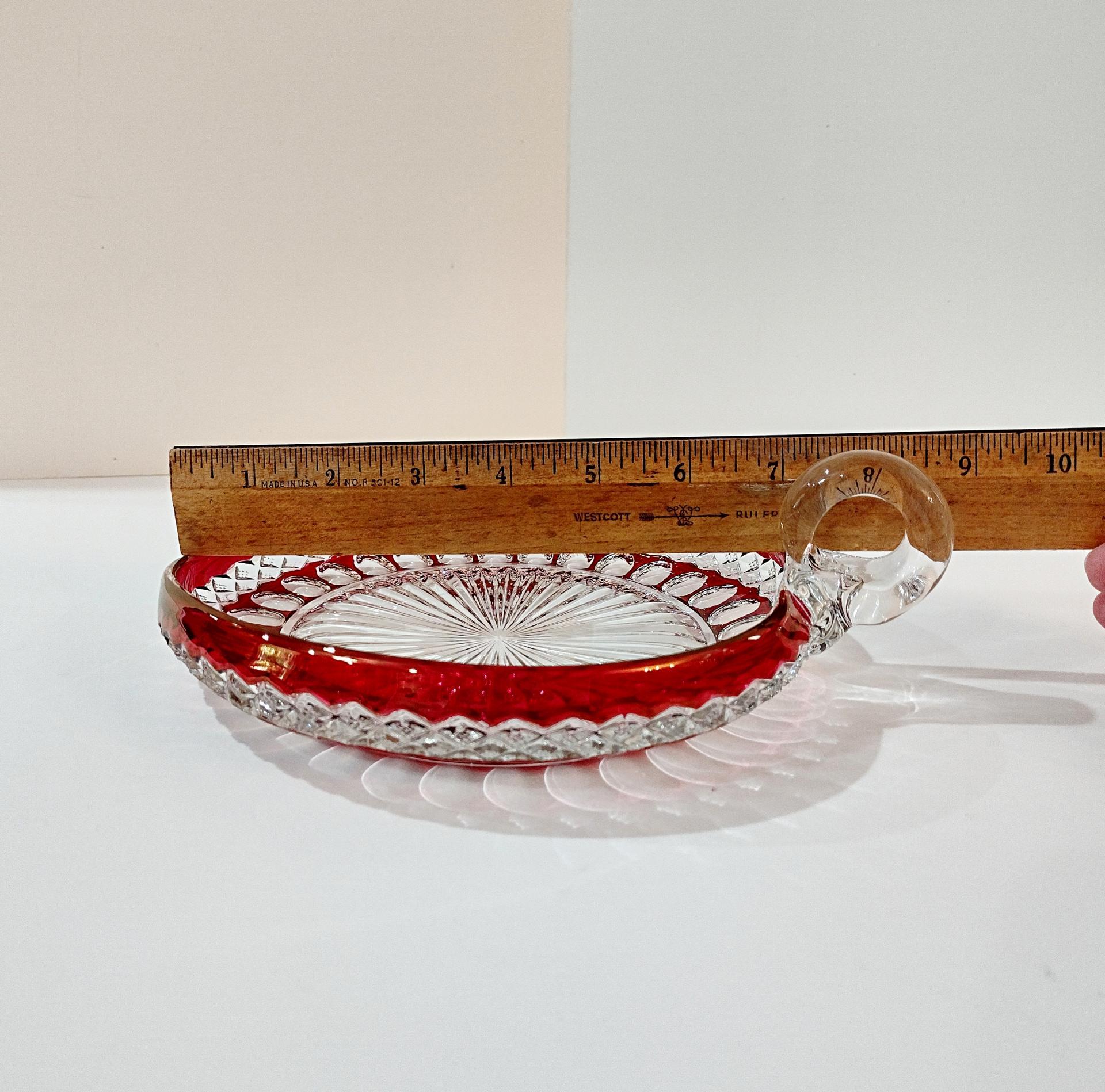 Vintage Westmoreland Waterford Ruby Red Flash Glass Thumbprint Candy Nut Serving Dish with Handle