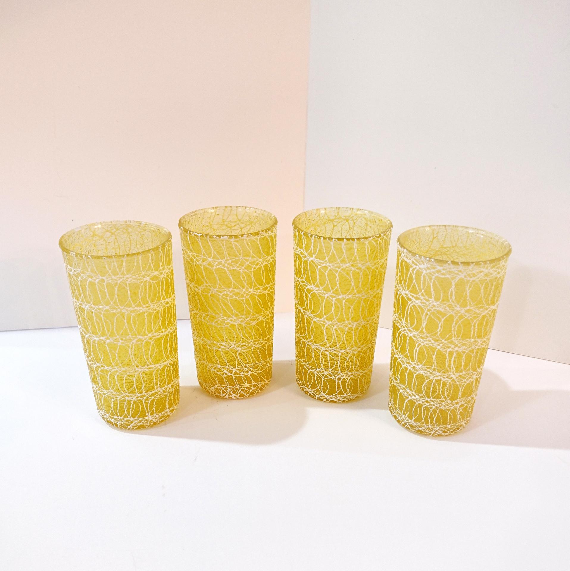 Vintage Spaghetti String Glasses, Set of Four, Color Craft Shat R Pruf 12 Ounce Yellow Tumblers