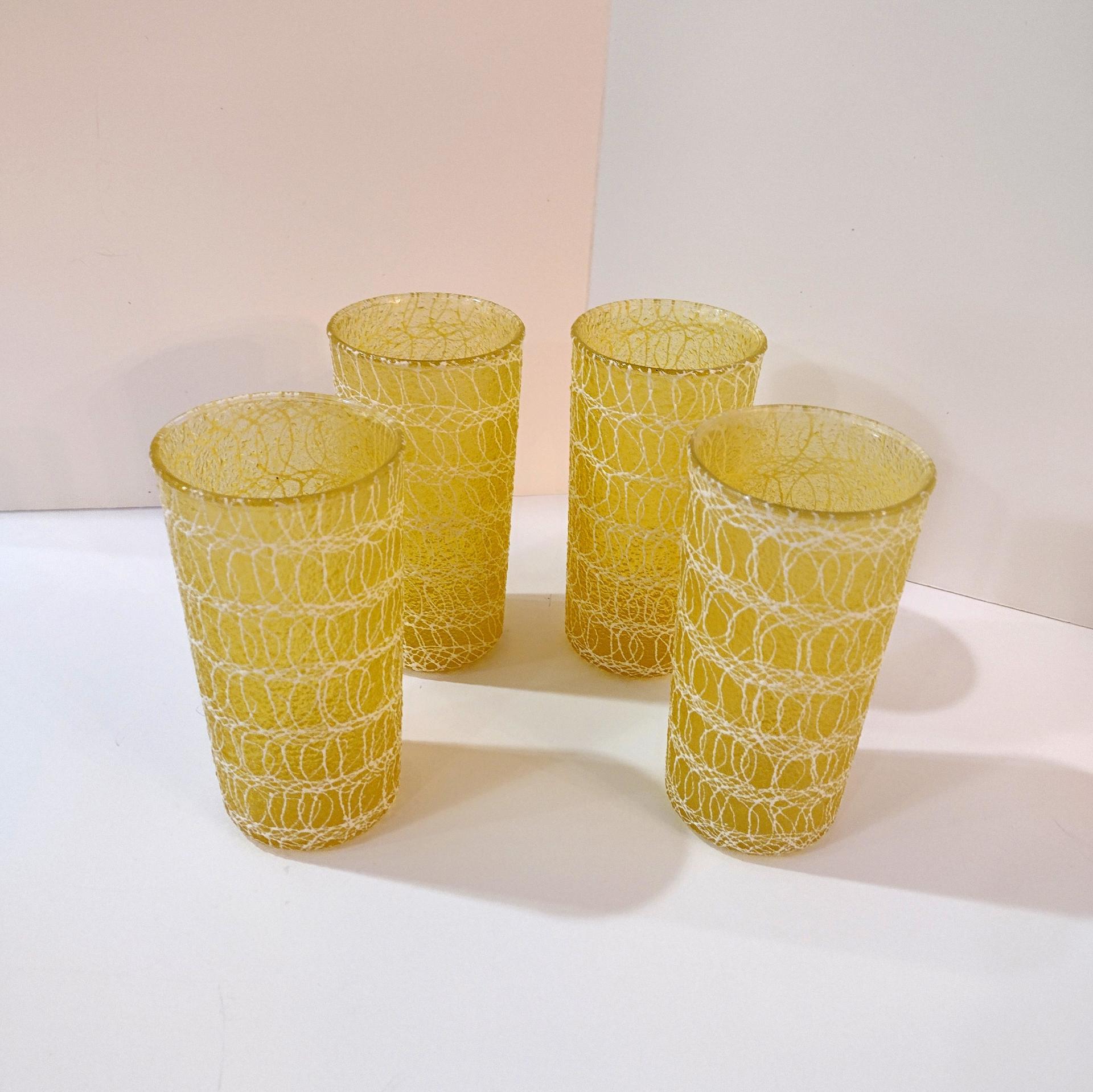 Vintage Spaghetti String Glasses, Set of Four, Color Craft Shat R Pruf 12 Ounce Yellow Tumblers