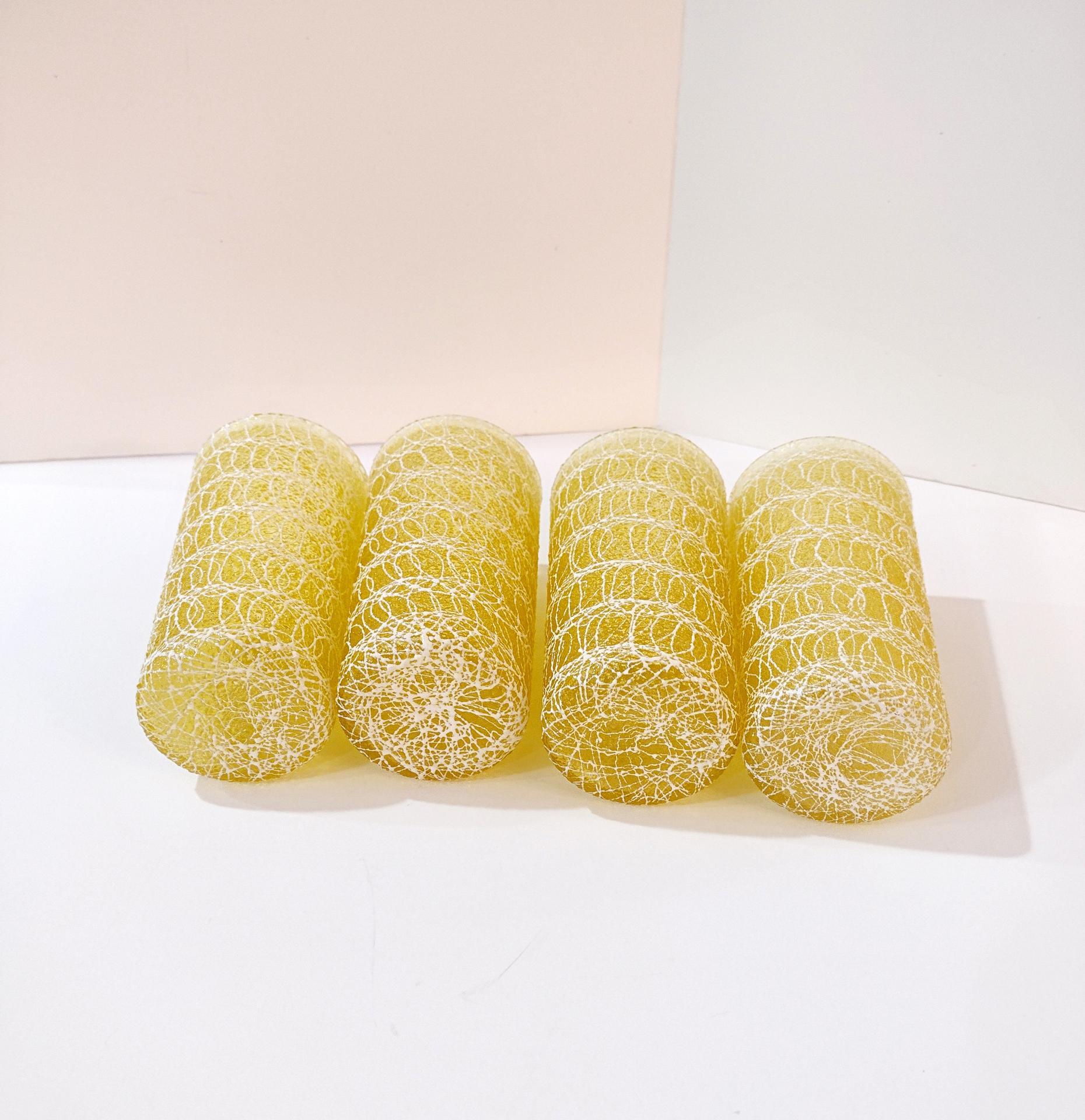 Vintage Spaghetti String Glasses, Set of Four, Color Craft Shat R Pruf 12 Ounce Yellow Tumblers