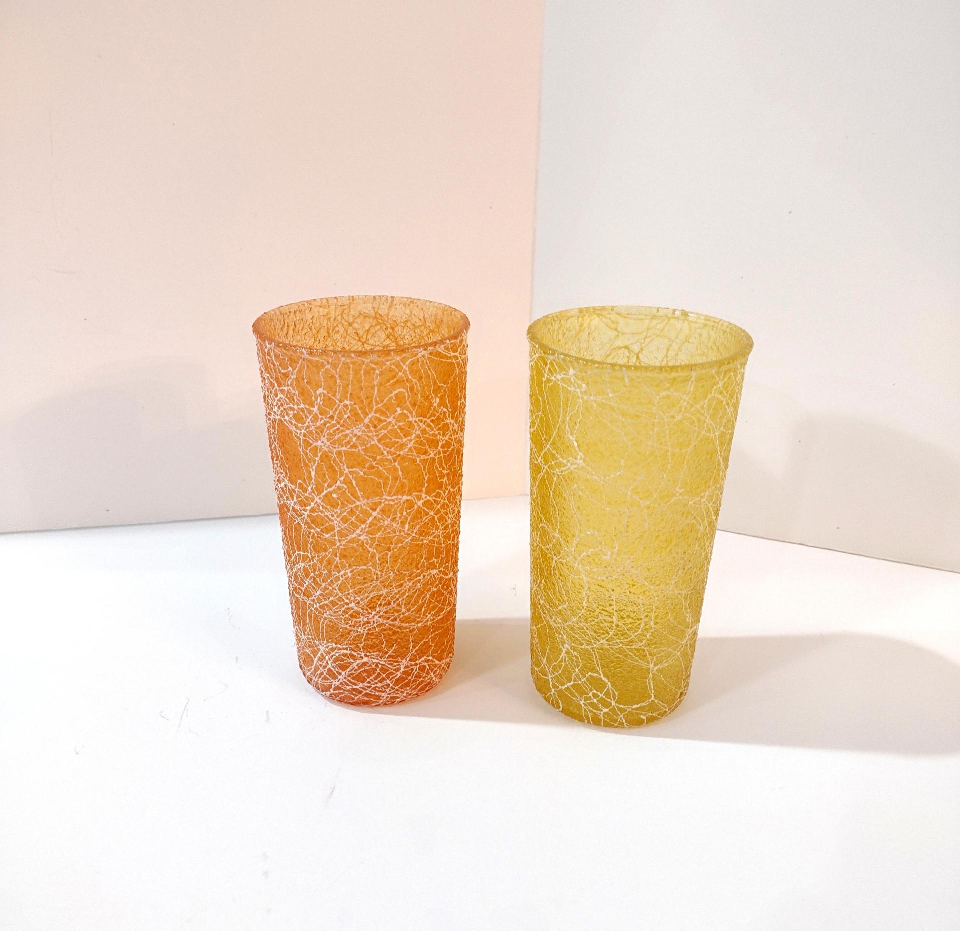 Vintage Spaghetti String Glasses, Set of Two, Color Craft Shat R Pruf 12 Ounce Yellow and Orange Tumblers