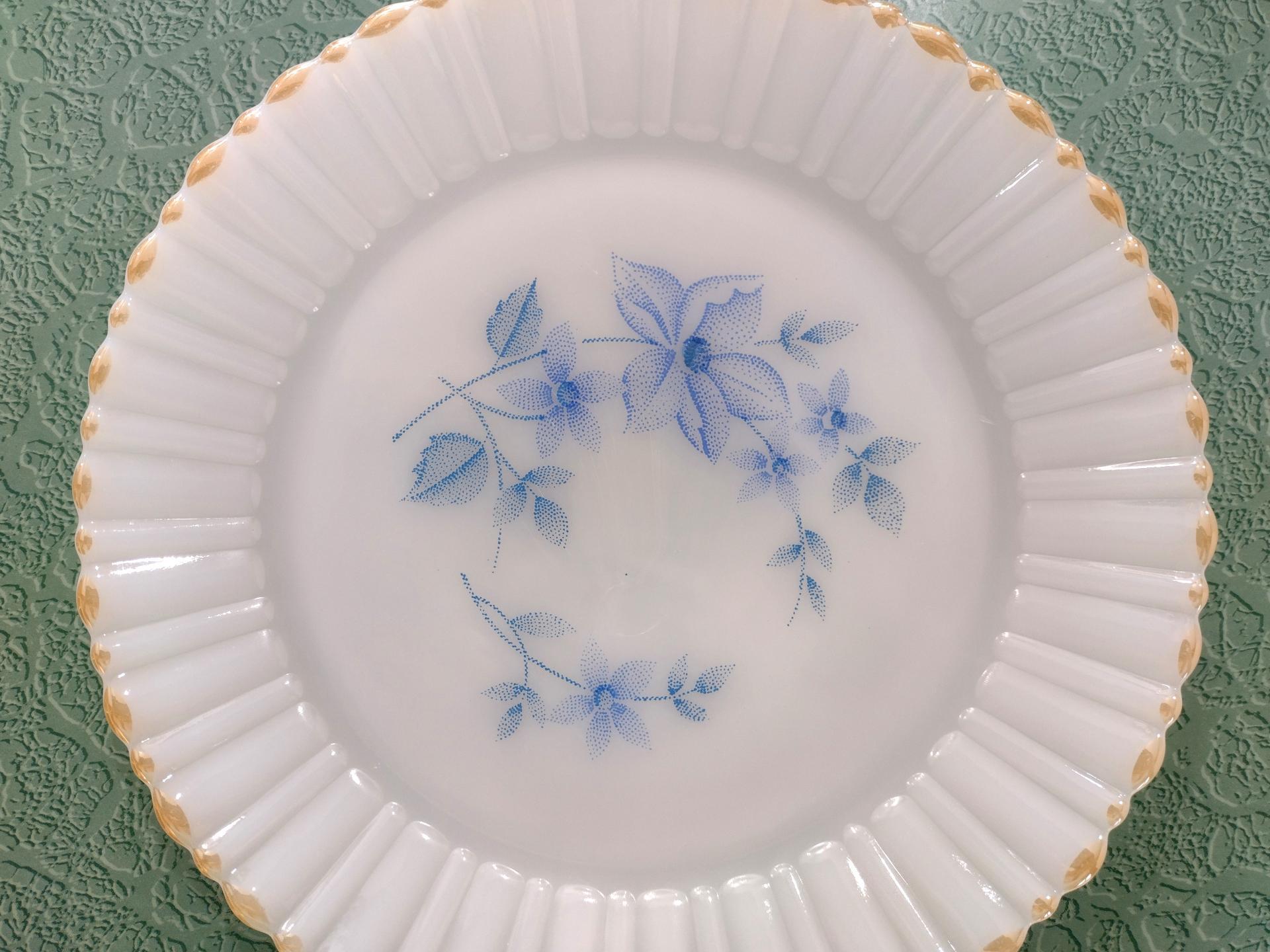 Vintage Termocrisa Blue Dot Floral Dinner Plates, Set of 4, Opaline Milk Glass Dinner Plates with Floral Design and Peach Luster Rims