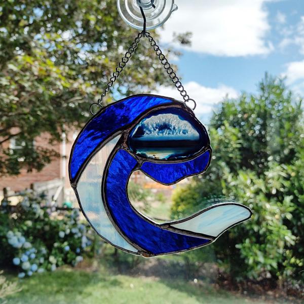 Stained Glass Ocean Wave with Agate Geode Crystal Seascape Suncatcher