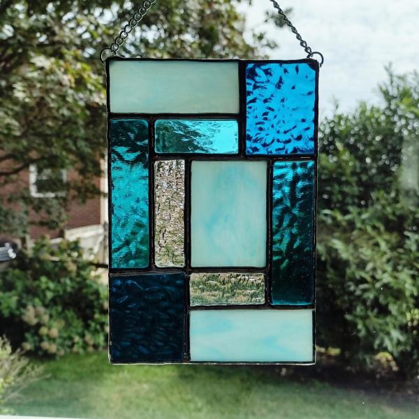 Aqua and Turquoise Blue Geometric Stained Glass Window Panel, Mondrian Stained Glass Suncatcher