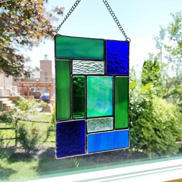 Blue and Green Geometric Mondrian Style Stained Glass Suncatcher