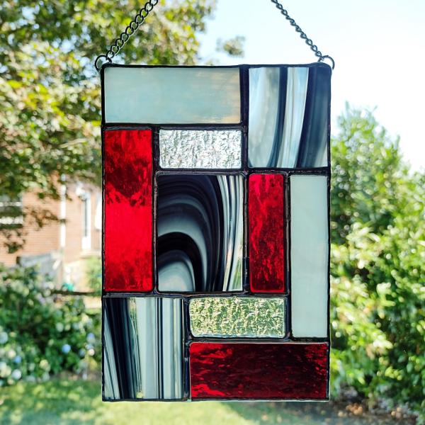 Black, White, and Red Geometric Stained Glass Panel Suncatcher, Mondrian Stained Glass Art