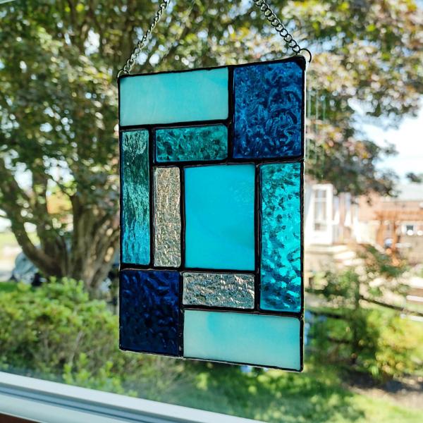 Blue Geometric Stained Glass Panel Suncatcher, Mondrian Style 