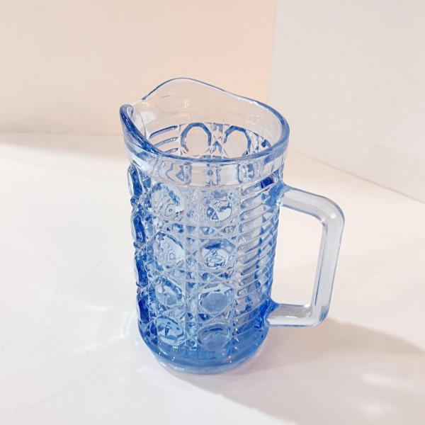 Vintage Small Blue Glass Pitcher, Federal Glass Windsor Button and Cane Aegean Blue Pitcher