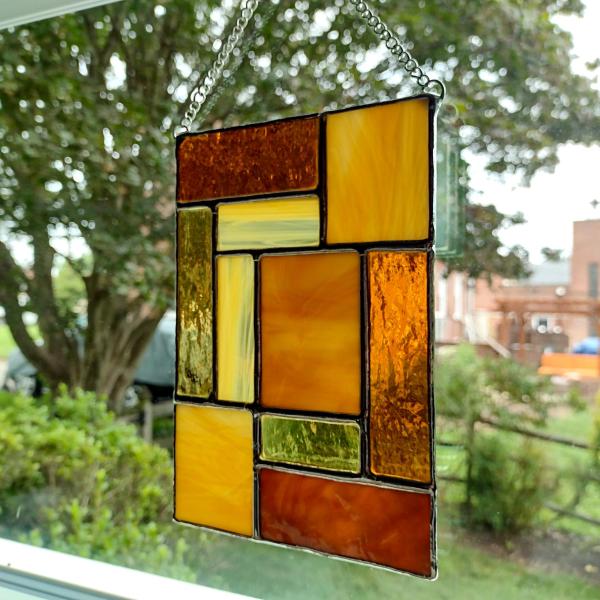 Gold, Tan, and Brown Earth Tones Geometric Stained Glass Panel Suncatcher, Mondrian Stained Glass Art