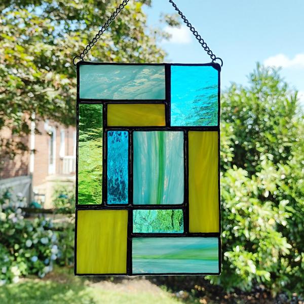 Blue, Green, and Yellow Geometric Stained Glass Panel Suncatcher, Mondrian Stained Glass Art