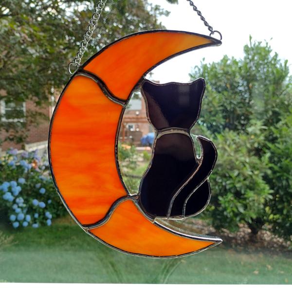 Stained Glass Orange Crescent Moon and Black Cat Suncatcher, Halloween Window Decoration