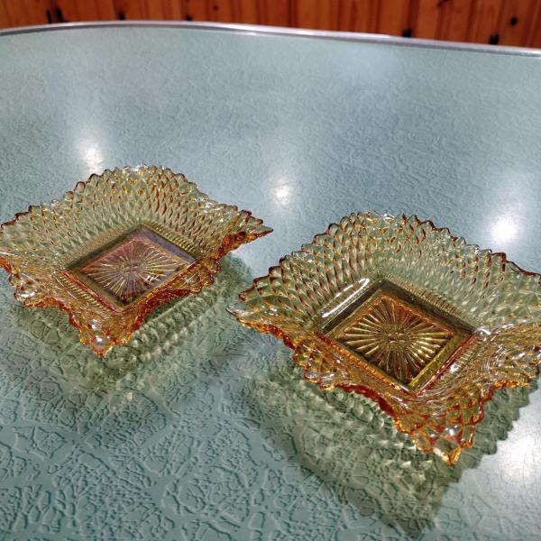 Vintage Indiana Glass Amber Diamond Point Ruffled Square Trinket Dishes, Set of Two