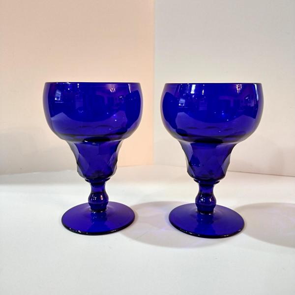 Vintage Fenton Georgian Cobalt Blue Water Wine Goblets, Set of Two