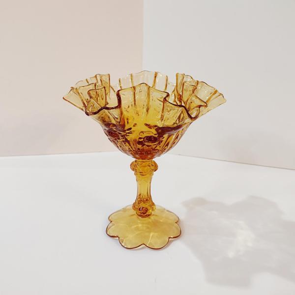Vintage Fenton Amber Cabbage Rose Ruffled Glass Compote
