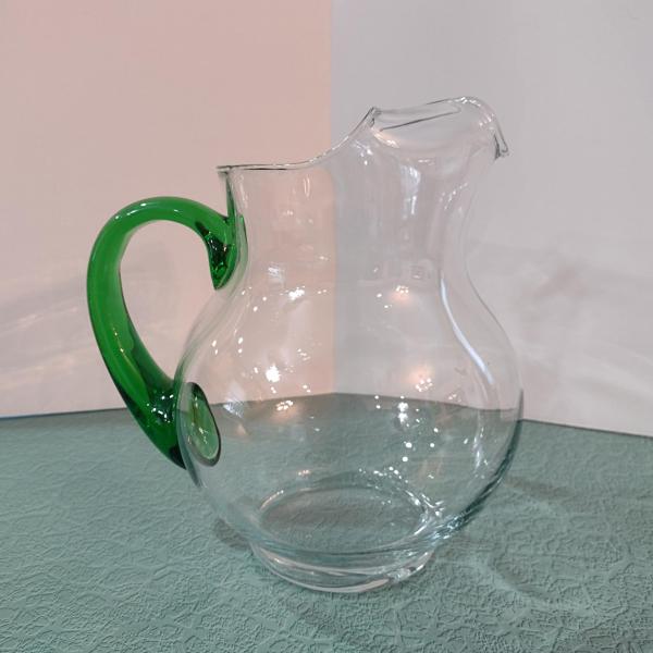 Vintage Libbey Acapulco Clear Glass Pitcher with Green Handle and Ice Guard Spout