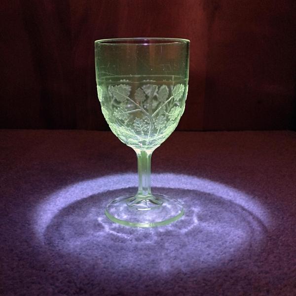 Vintage EAPG Gillinder and Sons #22 Leaves Glass Goblet, Antique Wine Glass, Vaseline Glass