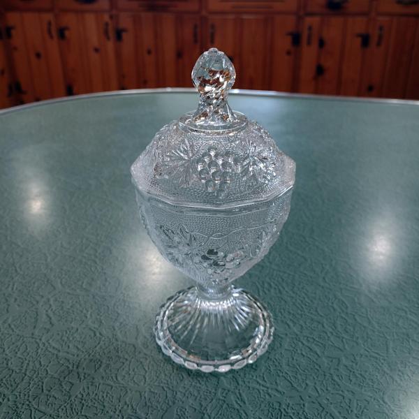 Vintage Anchor Hocking Lidded Jar, Clear Glass Stippled Grape Leaf Cluster Pattern Candy Jar, Footed Pedestal Condiment Bowl