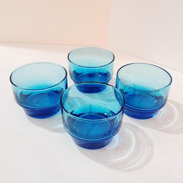 Vintage MCM Aqua Blue Lowball Glasses Set of Four, Stackable Weighted Glasses, Old Fashioned Glasses, Rocks Glasses
